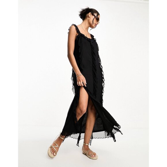 NWT Monki Black Mesh Ruffle Detail Midi Dress Whimsygoth Y2K Goth Size XS - Picture 1 of 11